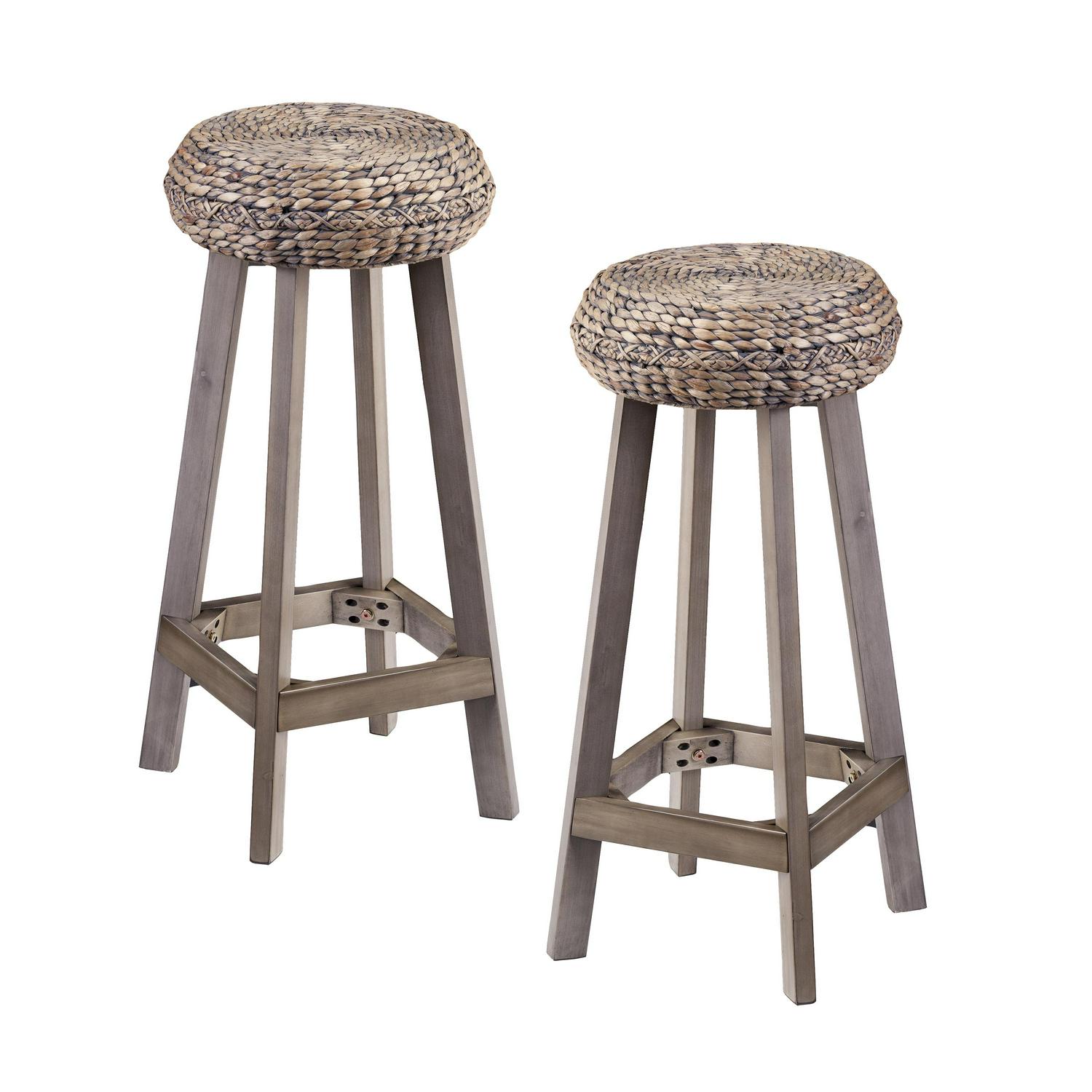 Ralthrone Round Backless Water Hyacinth 30 Bar Stools 2pc Set， Weathered Gray by Birch Harbor