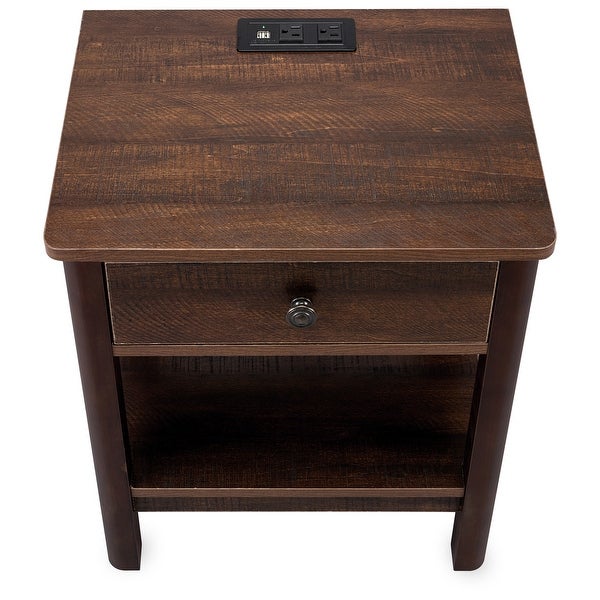 DecorTech Traditional Rectangular End Table with AC Power and USB Charging Ports， Oak