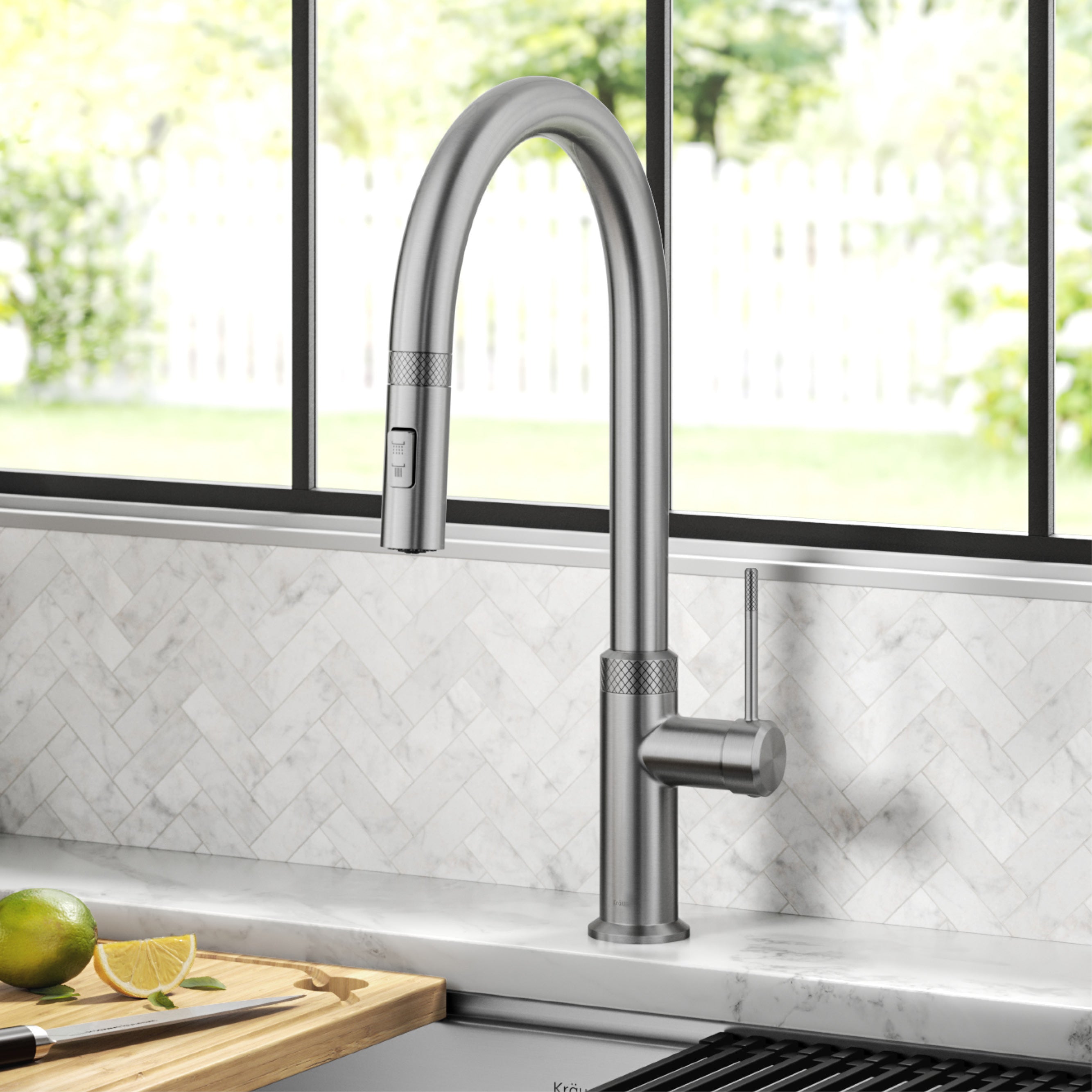 KRAUS Oletto Modern Industrial Pull-Down Single Handle Kitchen Faucet in Spot Free Stainless Steel