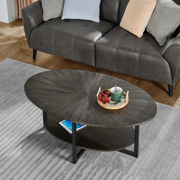 Solid Wood Oval Coffee Table with Cross Metal Legs