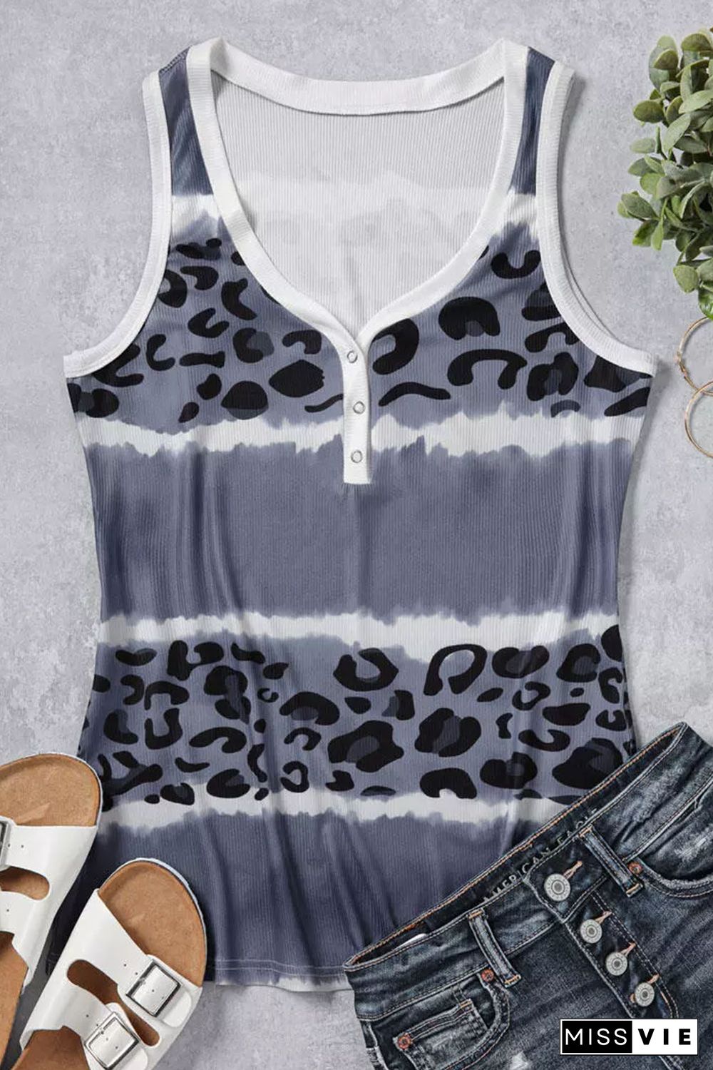 Gray Ribbed Leopard Tie Dye Snap Button Tank Top