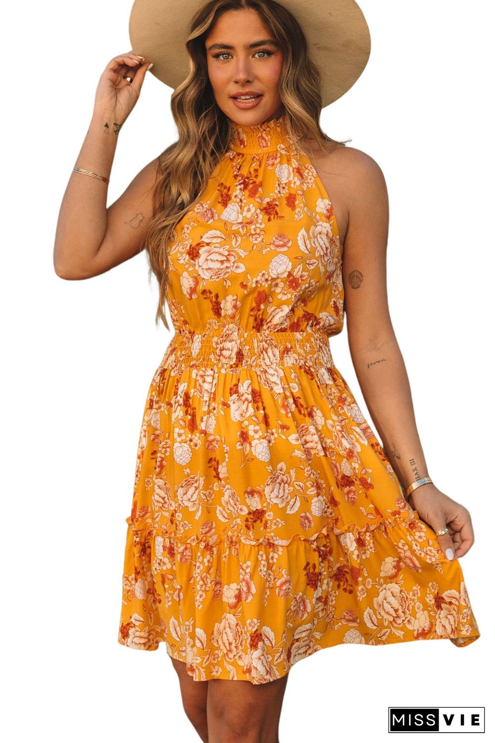 Yellow Sleeveless Smocked Waist Floral Dress