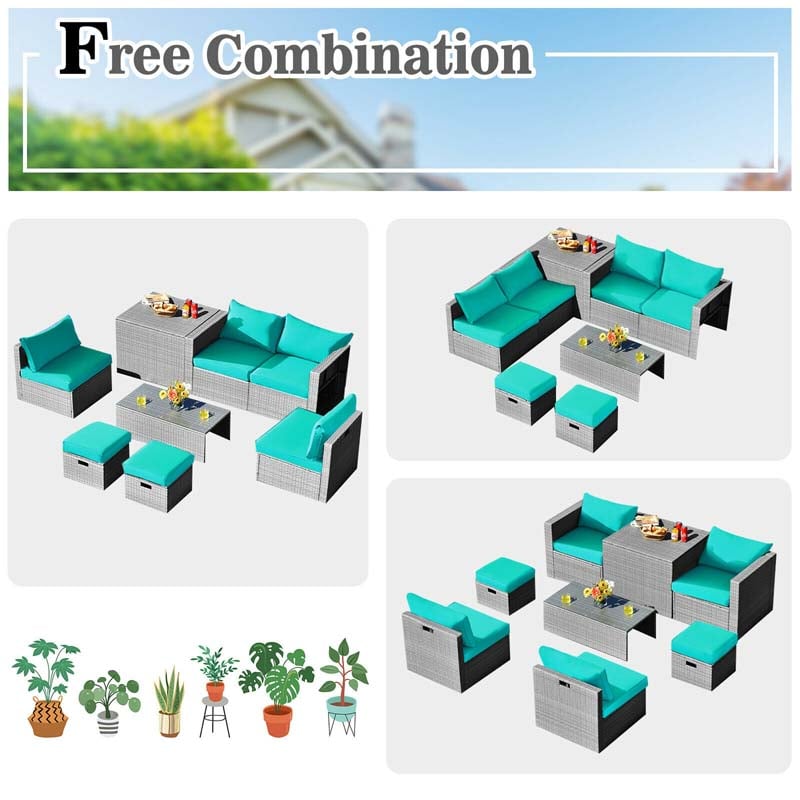 8 Pcs Rattan Patio Sectional Furniture Set Wicker Outdoor Cushioned Sofa Set with Storage Box & Waterproof Cover