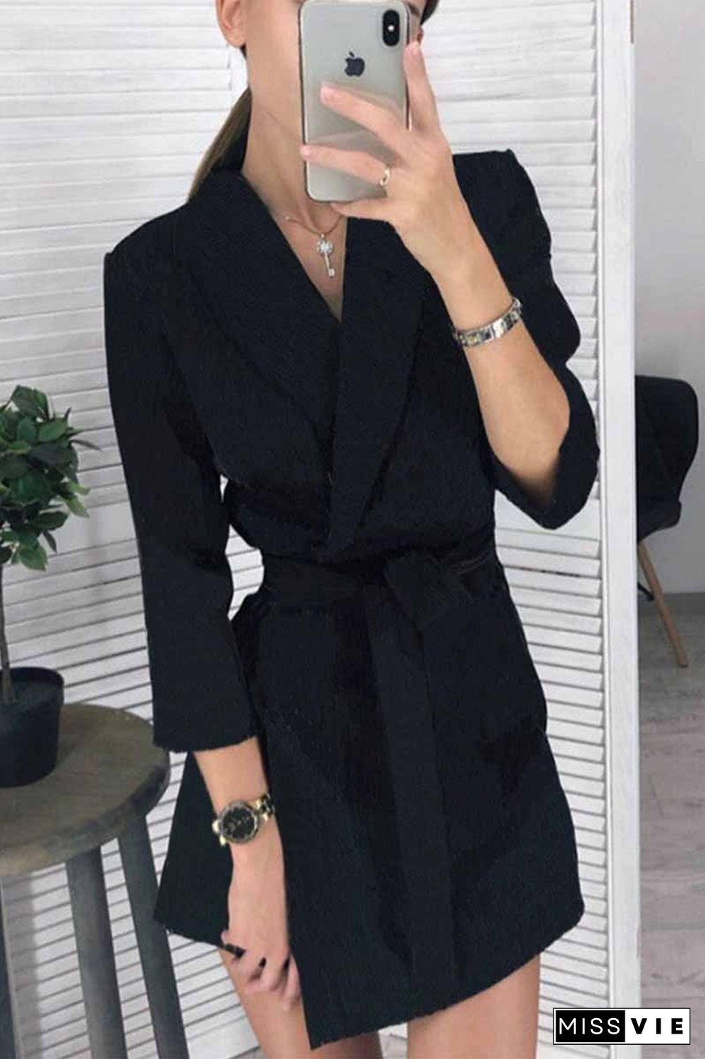 Solid Color Long Sleeve Suit Collar Mini Dresses(3 Colors)