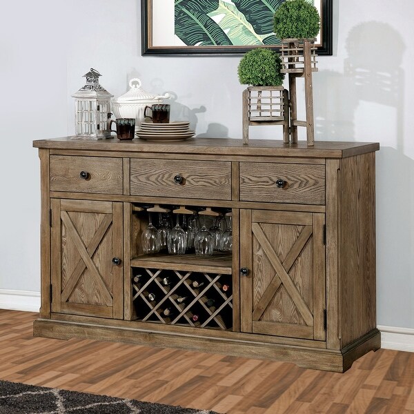 Wood Server With Three Drawers And Two Door， Light Oak Brown