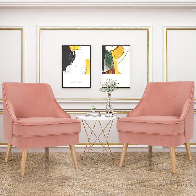 Costway Set Of 2 Accent Chairs Velvet Single Sofa Chair W rubber Wood Legs Pink green grey