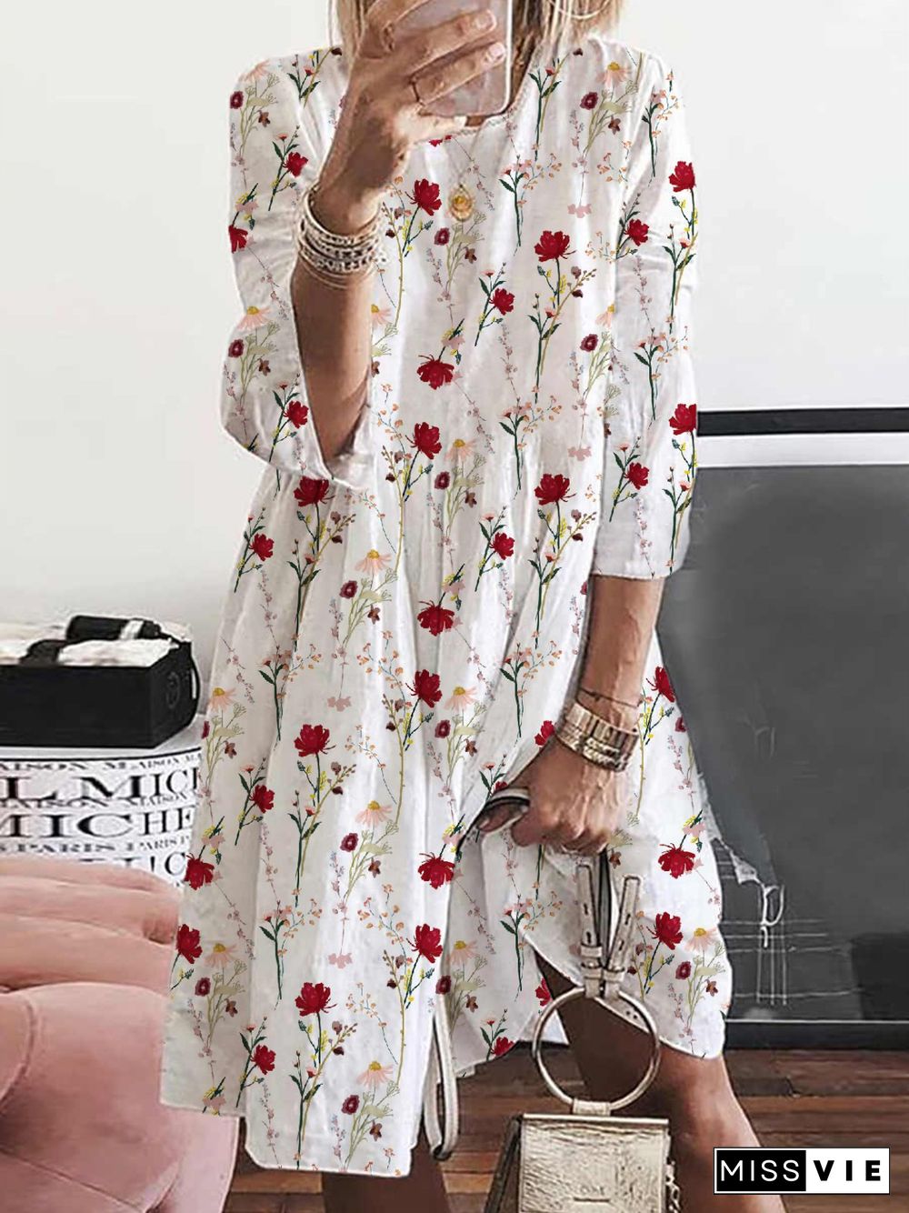 Casual Crew Neck Floral Loose Three Quarter Dresses