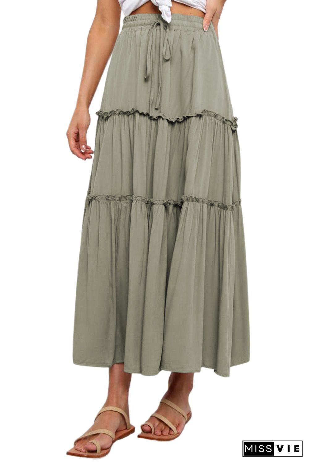 Green Solid Layered Ruffled Drawstring High Waist Maxi Skirt