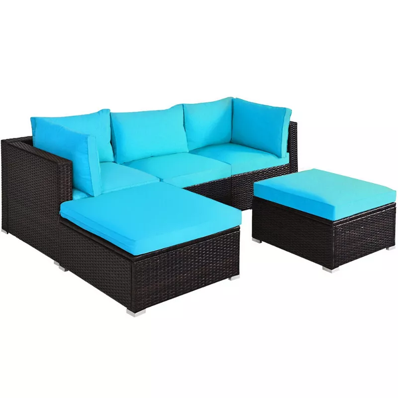 5 Pieces Patio Rattan Sectional Conversation Ottoman Furniture Set