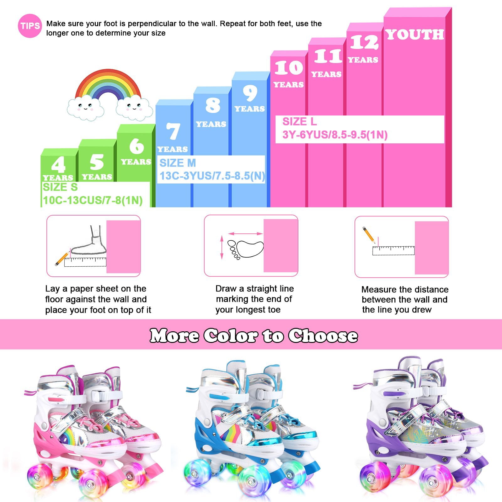 Roller Skates Adjustable Size with Light Up Flash LED 4 Wheels Fun Illuminating for Kids Children Boys Girls Multicolor， Size 10C-13C (Pink)