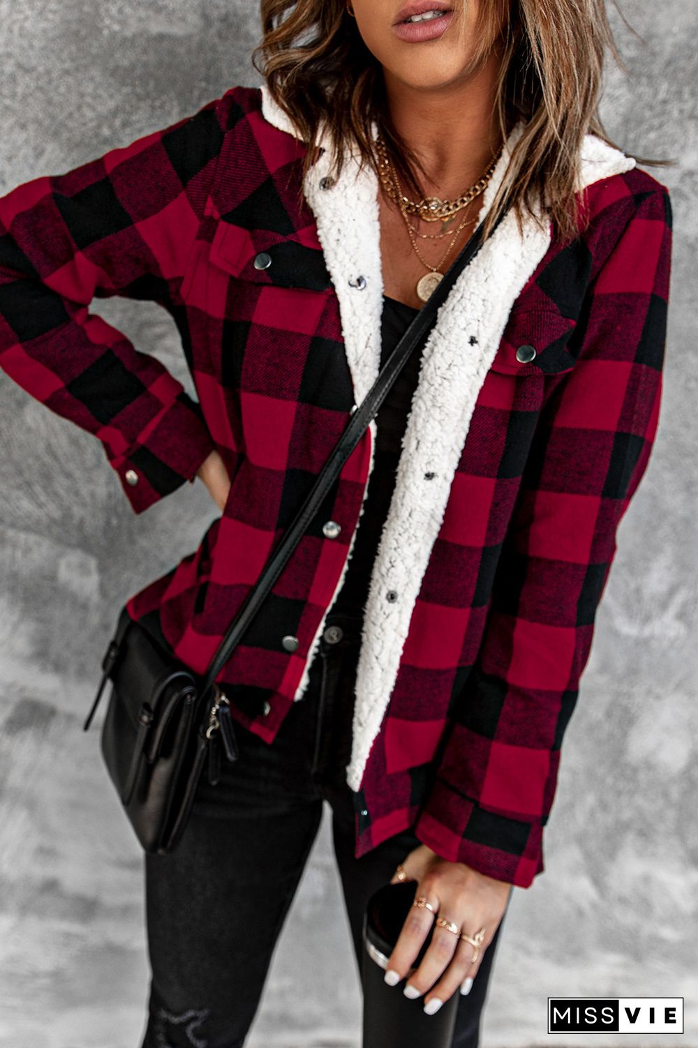 Red Plaid Print Fleece Button Jacket