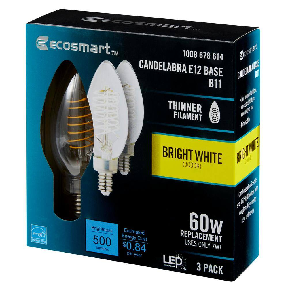 EcoSmart 60-Watt Equivalent B11 Dimmable E12 Candelabra Fine Bendy Filament LED Vintage Edison Light Bulb Bright White (3-Pack) B11C7DE12830S