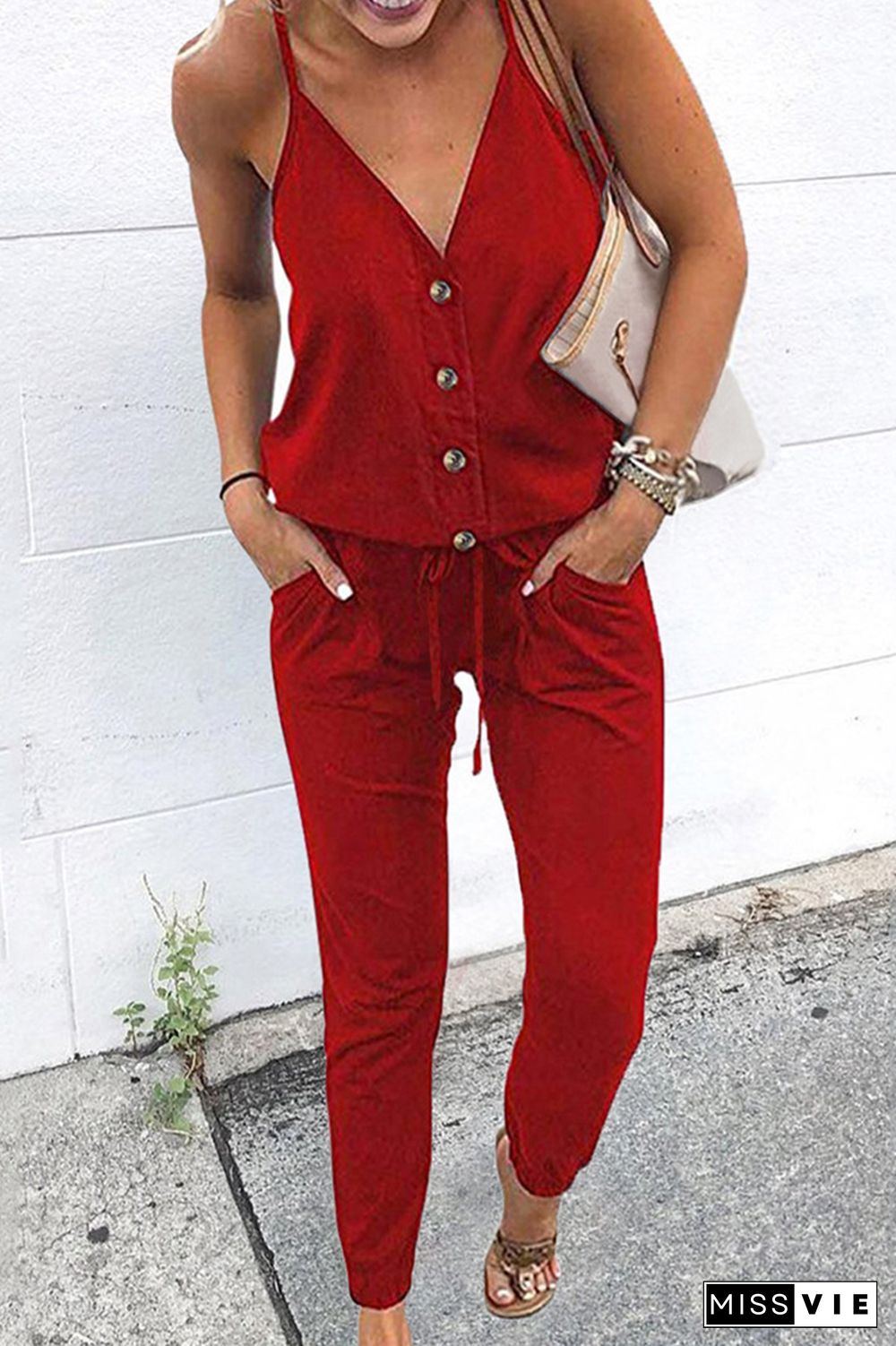 Elegant Solid Buttons With Belt V Neck Loose Jumpsuits