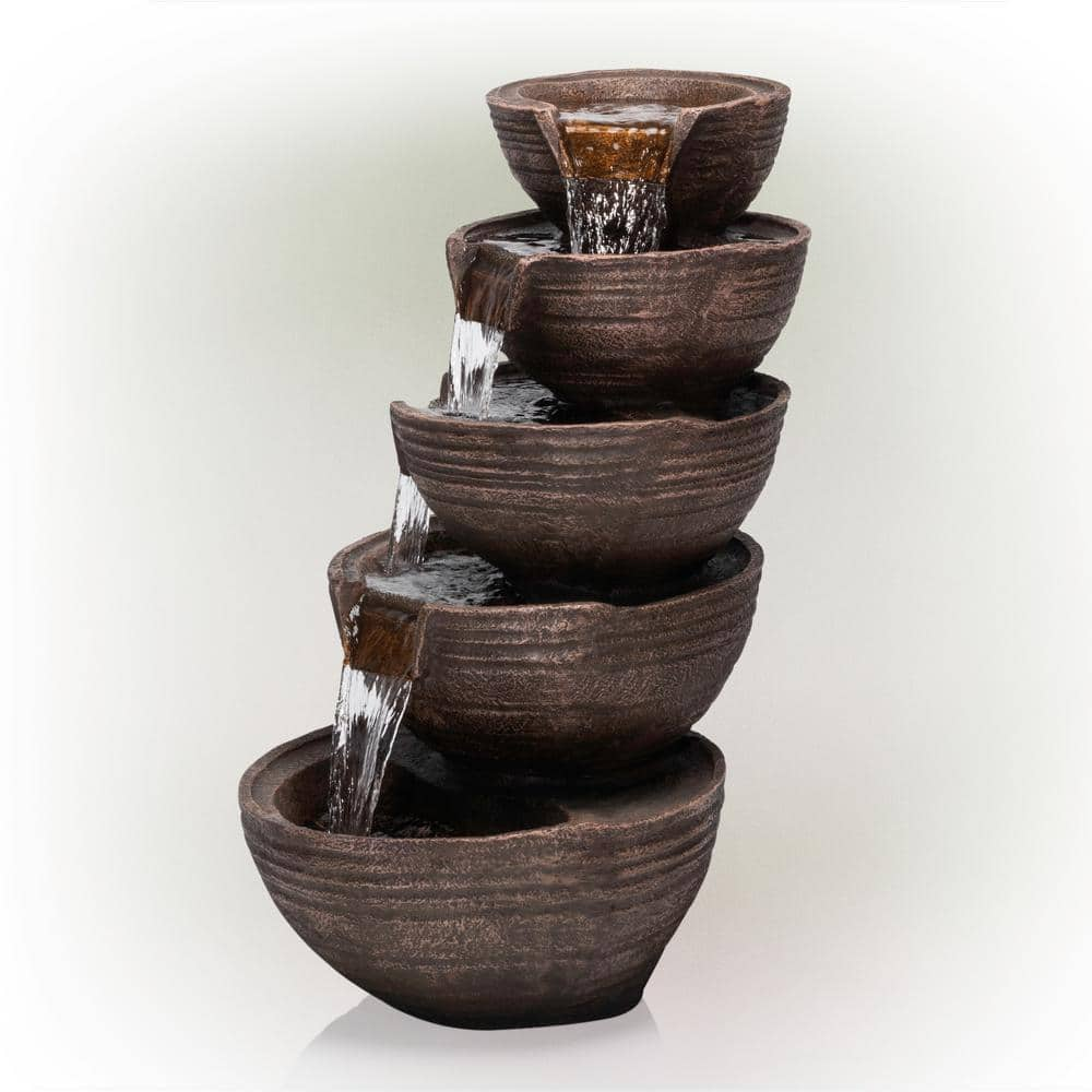 Alpine Corporation 34 in. Tall Outdoor 5-Tier Modern Bowl Cascading Waterfall Fountain with LED Lights TZL101