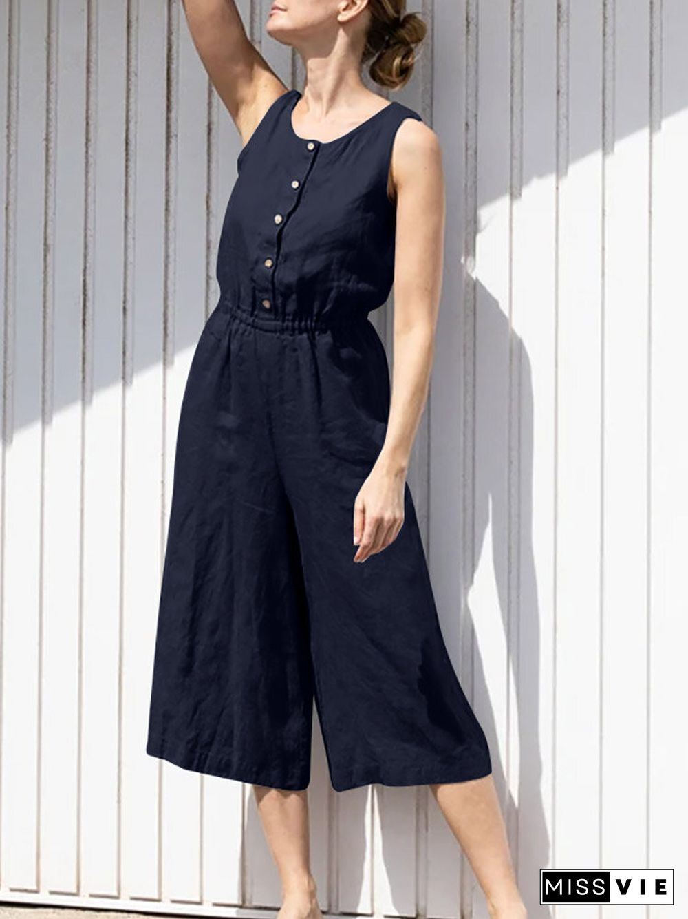 Solid Button Sleeveless Elastic Waist Wide Leg Jumpsuit