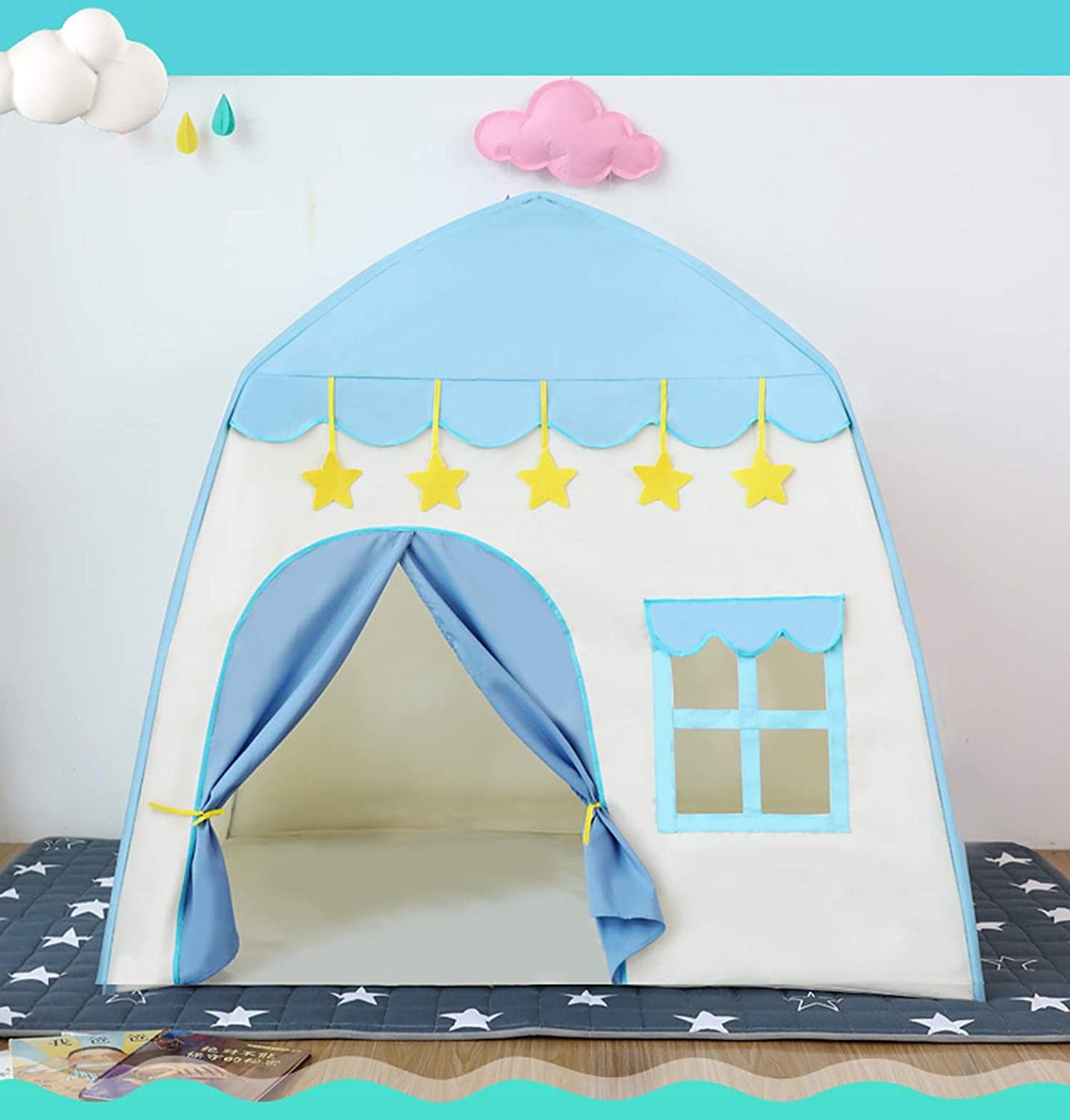 Kids Play Tent for Girls Boys 420D Oxford Fabric Princess Playhouse Blue Castle Play Tent Children Fairy Tale Teepee Tent Indoor Outdoor with Carry Bag, Star Lights NOT Included