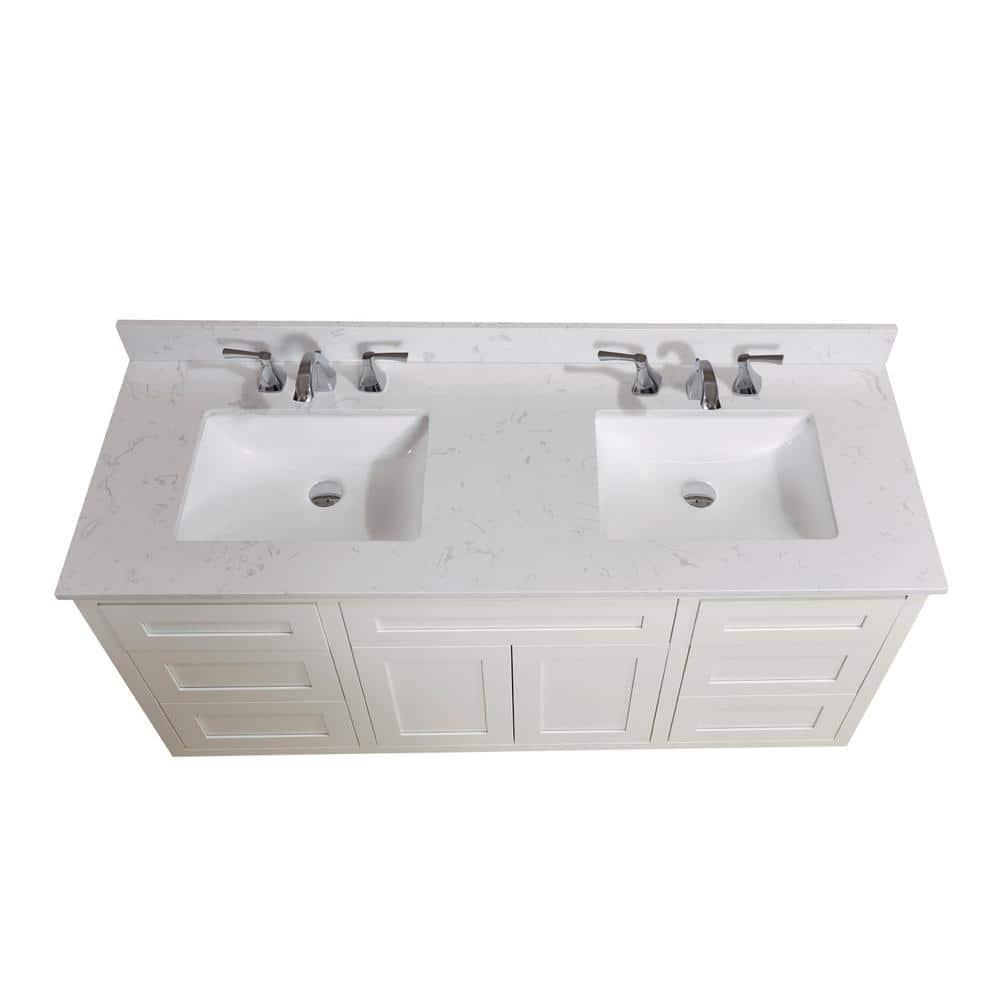 Altair 61 in W Engineered Stone Double Basin Vanity Top in Jazz White with White Basins