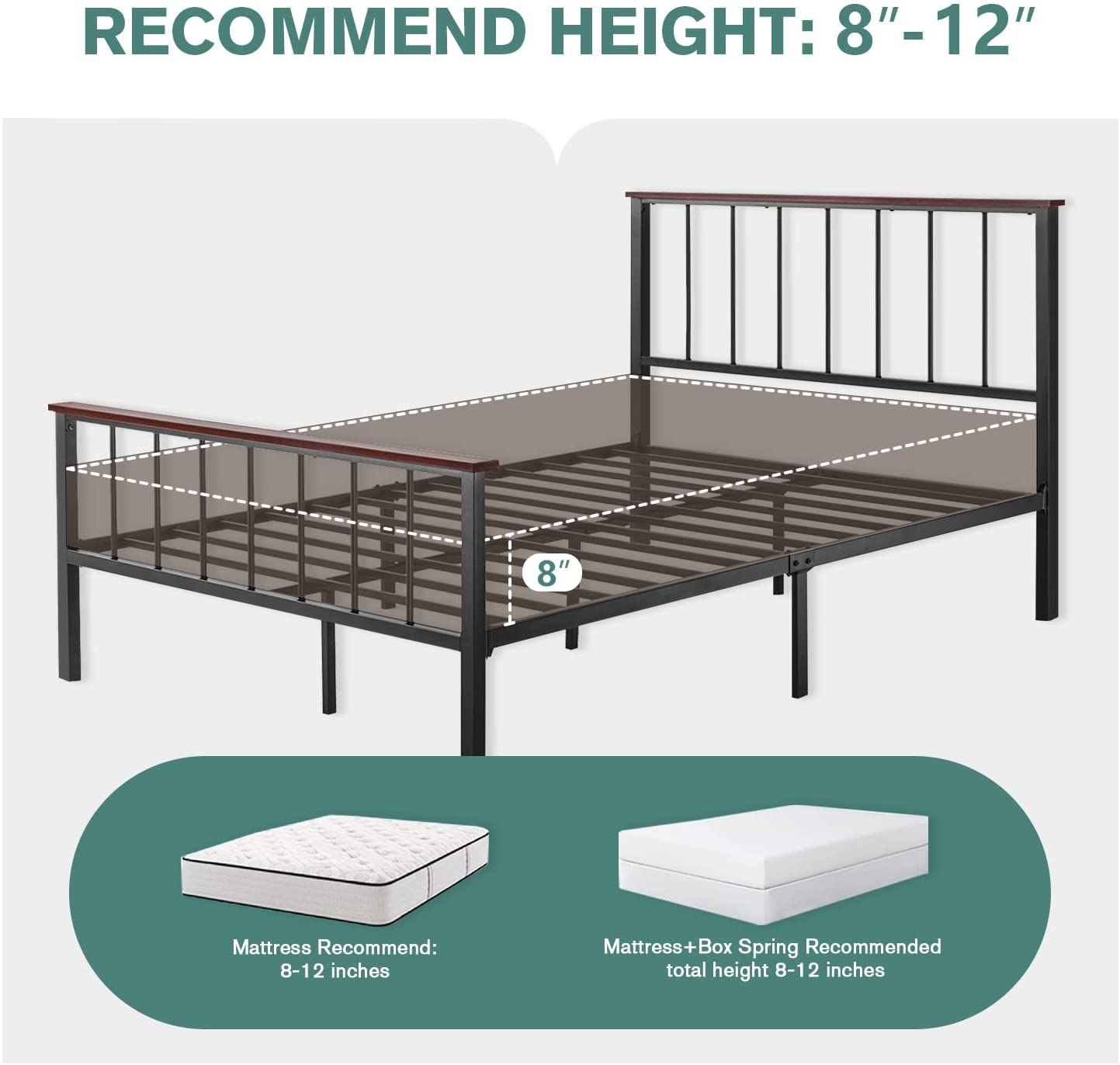 Allewie Queen Size Heavy Duty Metal Platform Bed Frame with Railing Headboard,Black