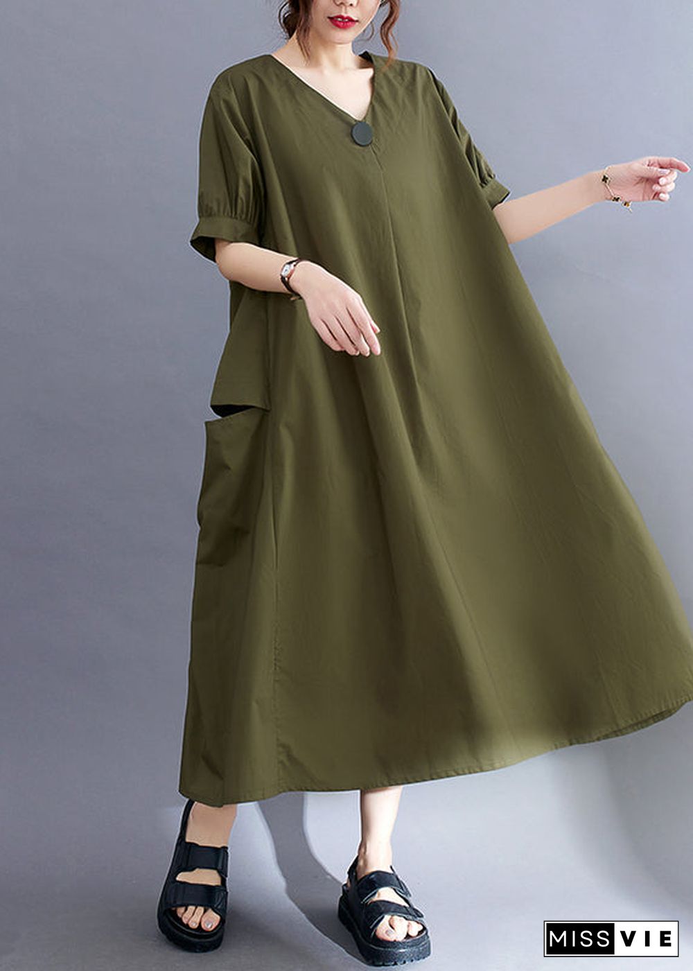 Style Army Green V Neck Pockets Cotton Maxi Dress Summer