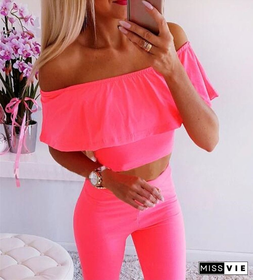 Fashion Women Ruffles Off The Shoulder Top And Skinny Long Pants Two-Piece Suits Summer Casual Outfits