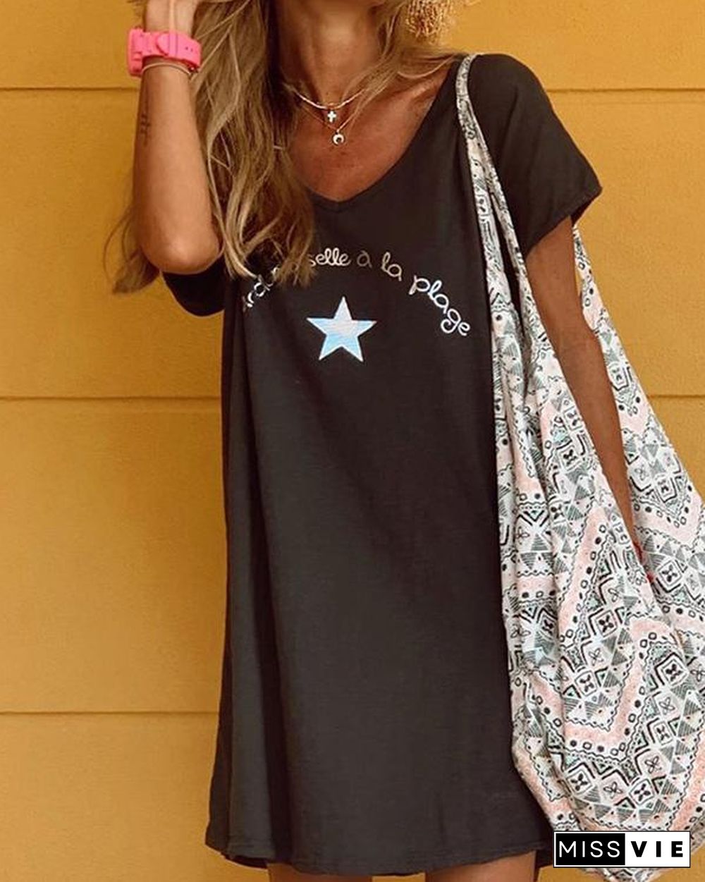 Cotton Short Sleeve Star Print Casual Holiday Dresses