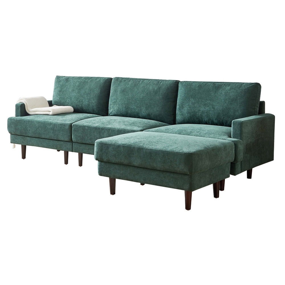 Modern Fabric Sofa L Shape Polyester Padded 3 Seater Sofas Removable Back Cushions Sofas with Ottoman and Rubber Wood Legs