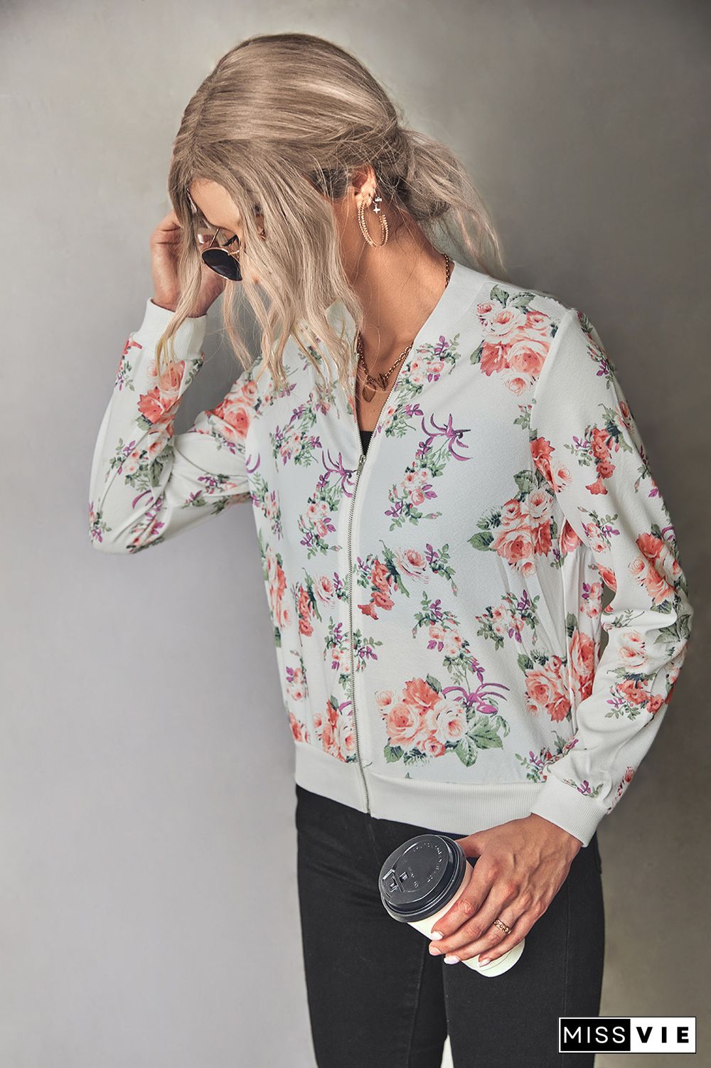 Front Open Zipper Floral Print Jackets