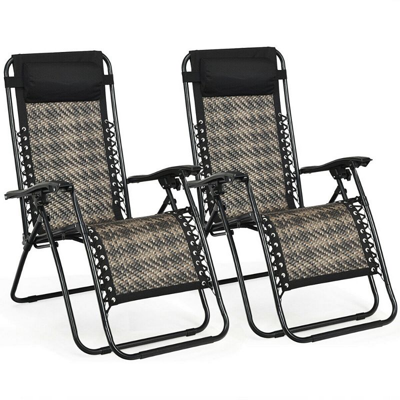 2 Pieces Folding Patio Rattan Zero Gravity Lounge Chair