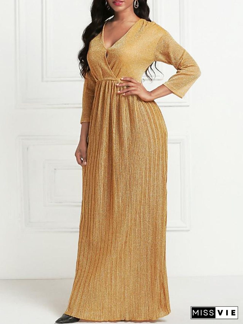 Women's Maxi long Dress 3/4 Length Sleeve Pleated Summer Hot Formal  Gold S M L XL XXL