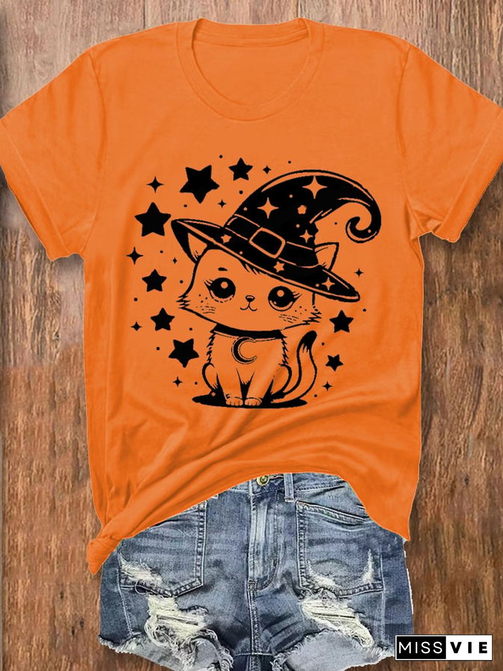 Women's Halloween Witch Hat Cat Print T-Shirt