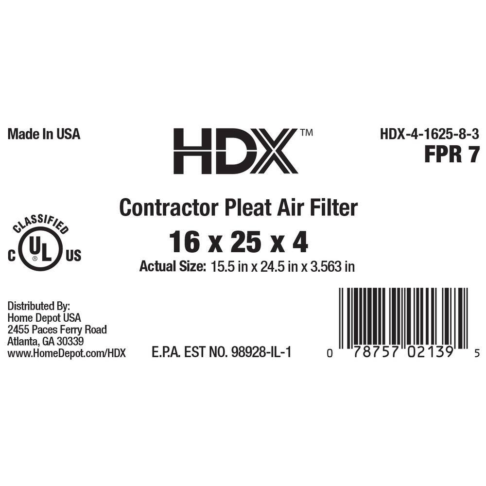 HDX 16 in. x 25 in. x 4 in. Contractor Pleated Air Filter FPR 7 HDX-4-1625-8-3