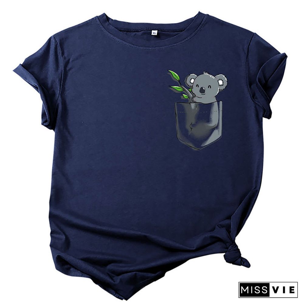 Koala Pocket Print  Round Collar T-Shirt