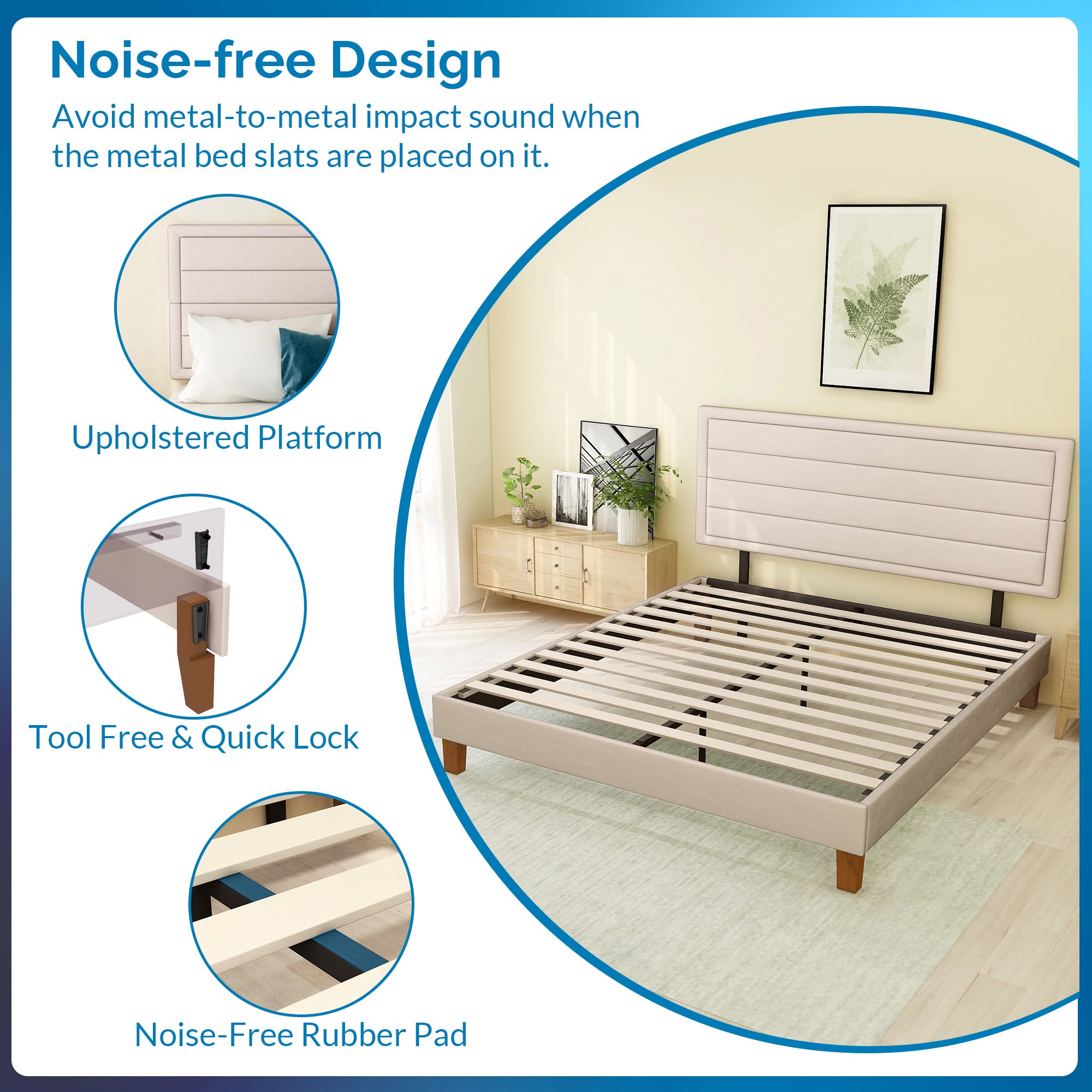 King Size Upholstered Platform Bed Frame, Wooden Platform Bed No Box Spring Needed, Noise-Free Bed Foundation, Beige