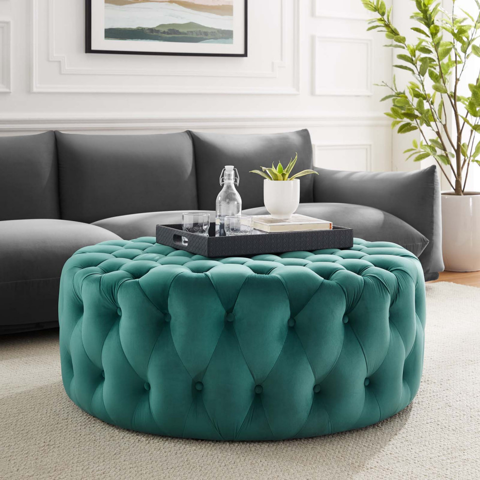 Round Ottoman Accent Tufted Chair  Black  Velvet  Modern  Lounge Hospitality   Contemporary   Footstools And Ottomans   by House Bound  Houzz