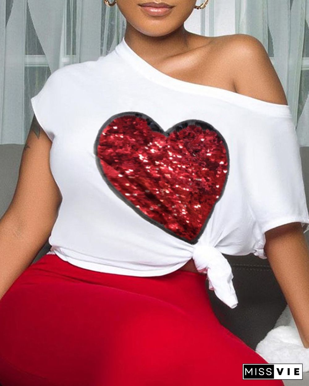 Heart Pattern Sequins T-shirt & Maxi Skirt Set