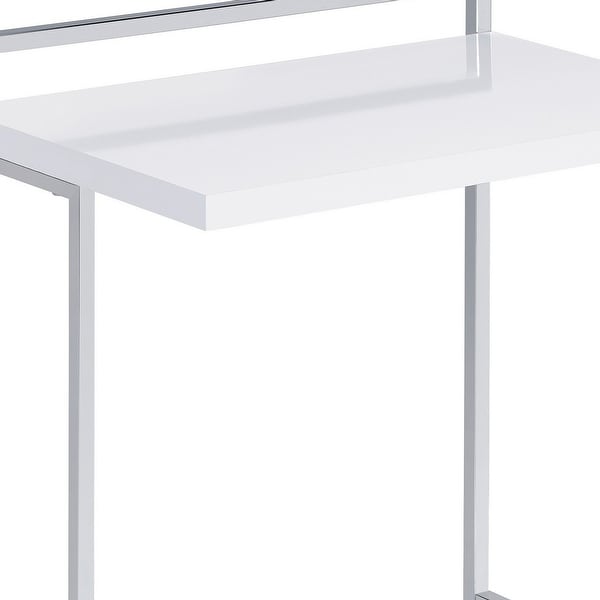 Dey 27 Inch Modern C Side Table， Gloss White Wood Top， Chrome Metal Base