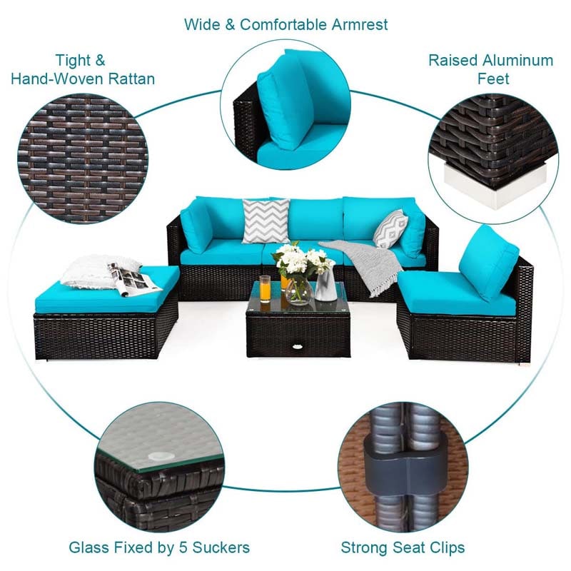 6 Pcs Outdoor Rattan Sectional Sofa Set with Coffee Table & Removable Seat & Back Cushions