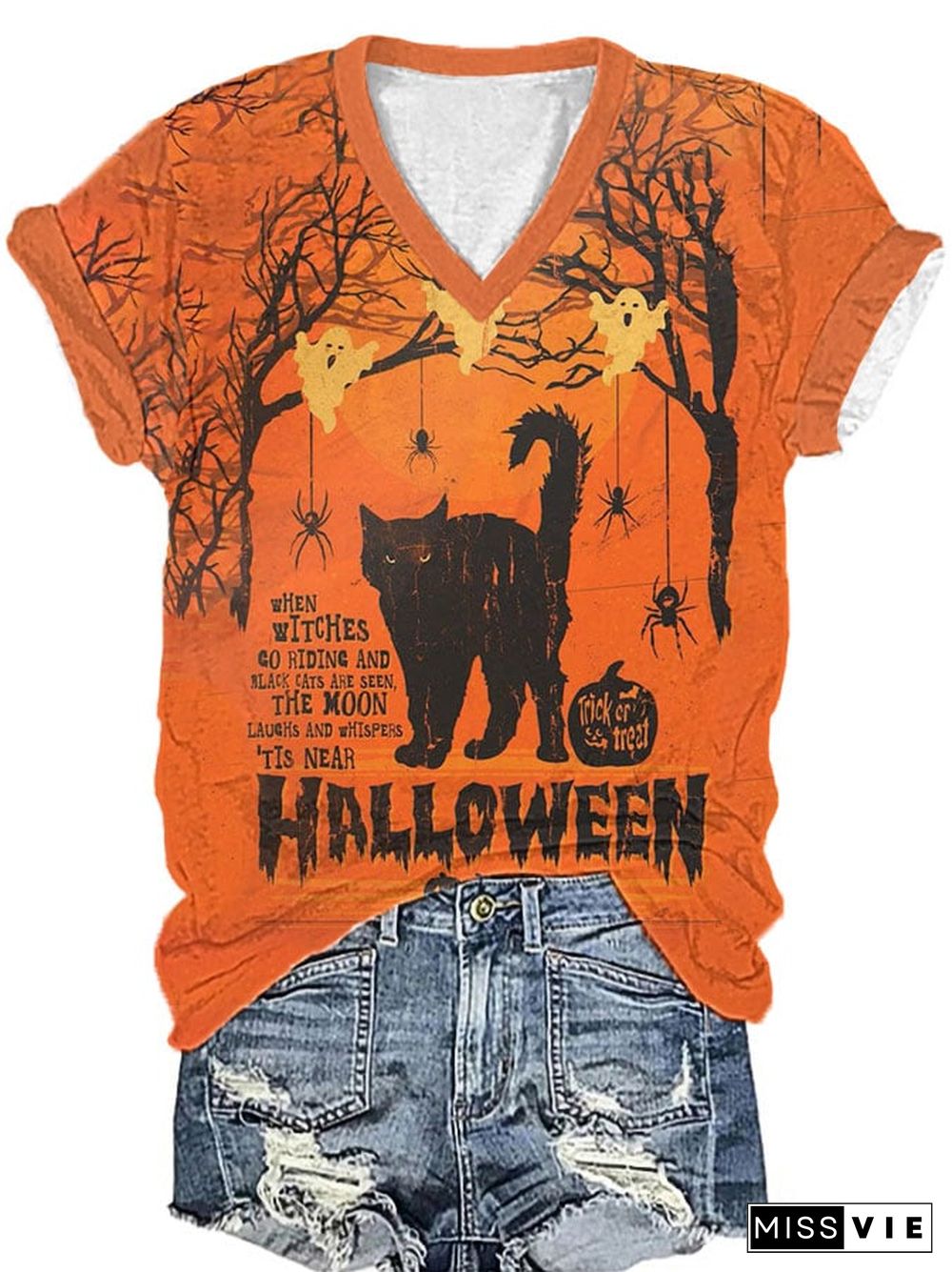 Women's Halloween Black Cat Print T-Shirt