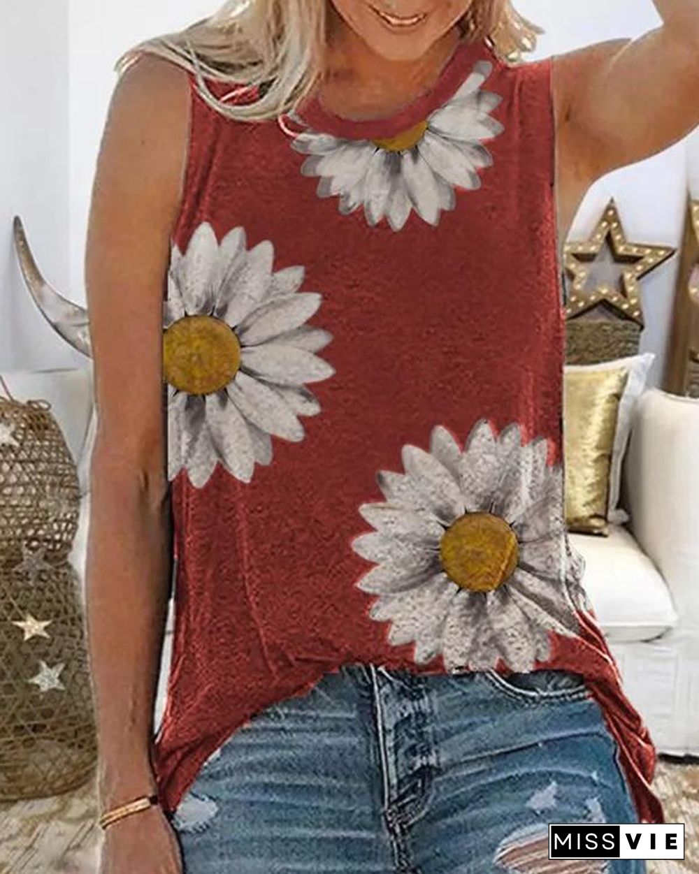 Plus size Floral Casual Sleeveless Shirts & Tops