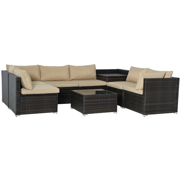 8Piece Brown Outdoor Rattan Furniture Sets with 6 Sofas，1 Coffee Table，Storage Box and Cushions