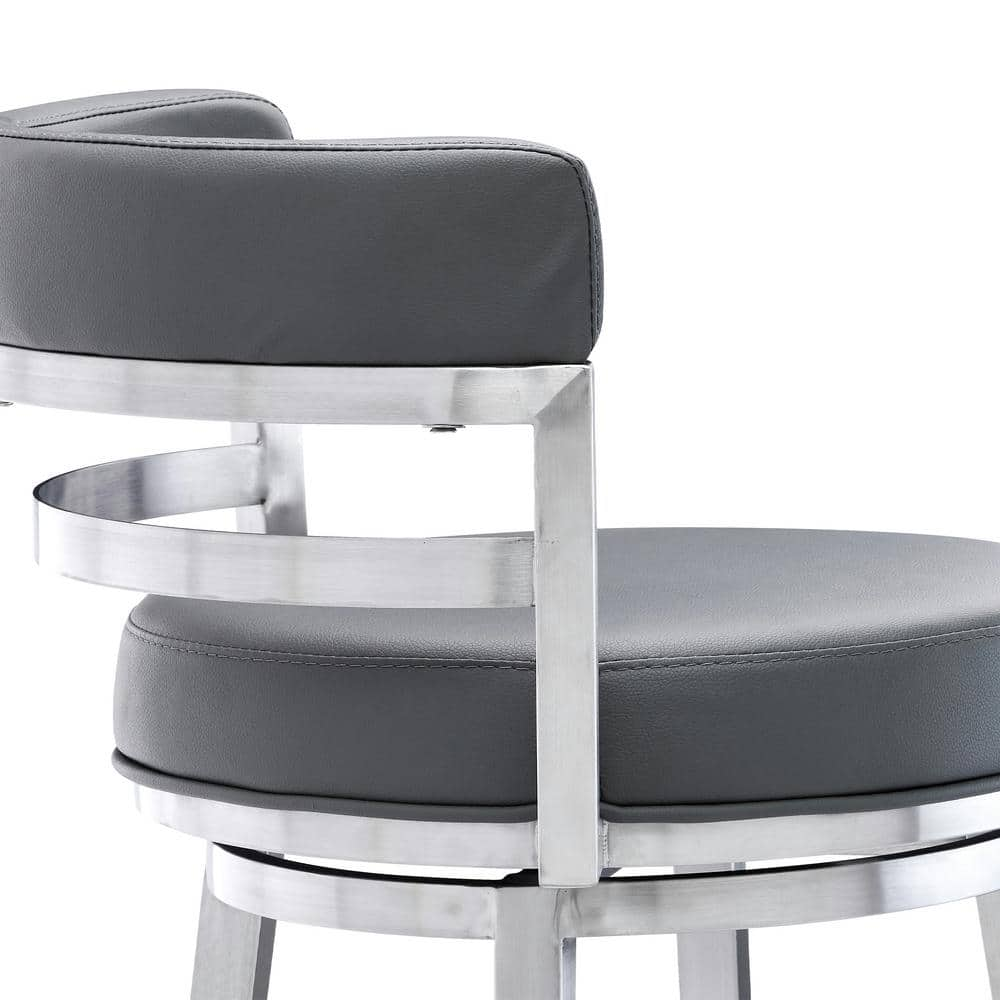 Armen Living Madrid Contemporary 30 in. Bar Height Bar Stool in Brushed Stainless Steel and Grey Faux Leather LCMABABSGR30