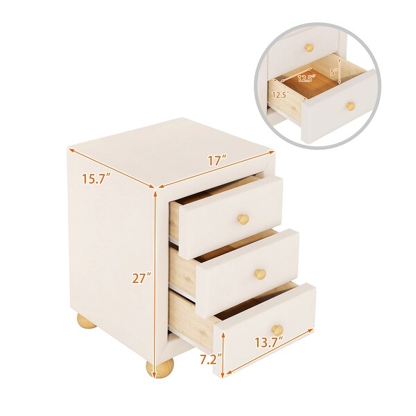 Upholstered Storage Nightstand with 3 Drawers and Natural Wood Knobs - - 36389189