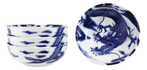 1 Asian Oriental Dragons Blue And White Porcelain Bowls Set of 4 EBR02