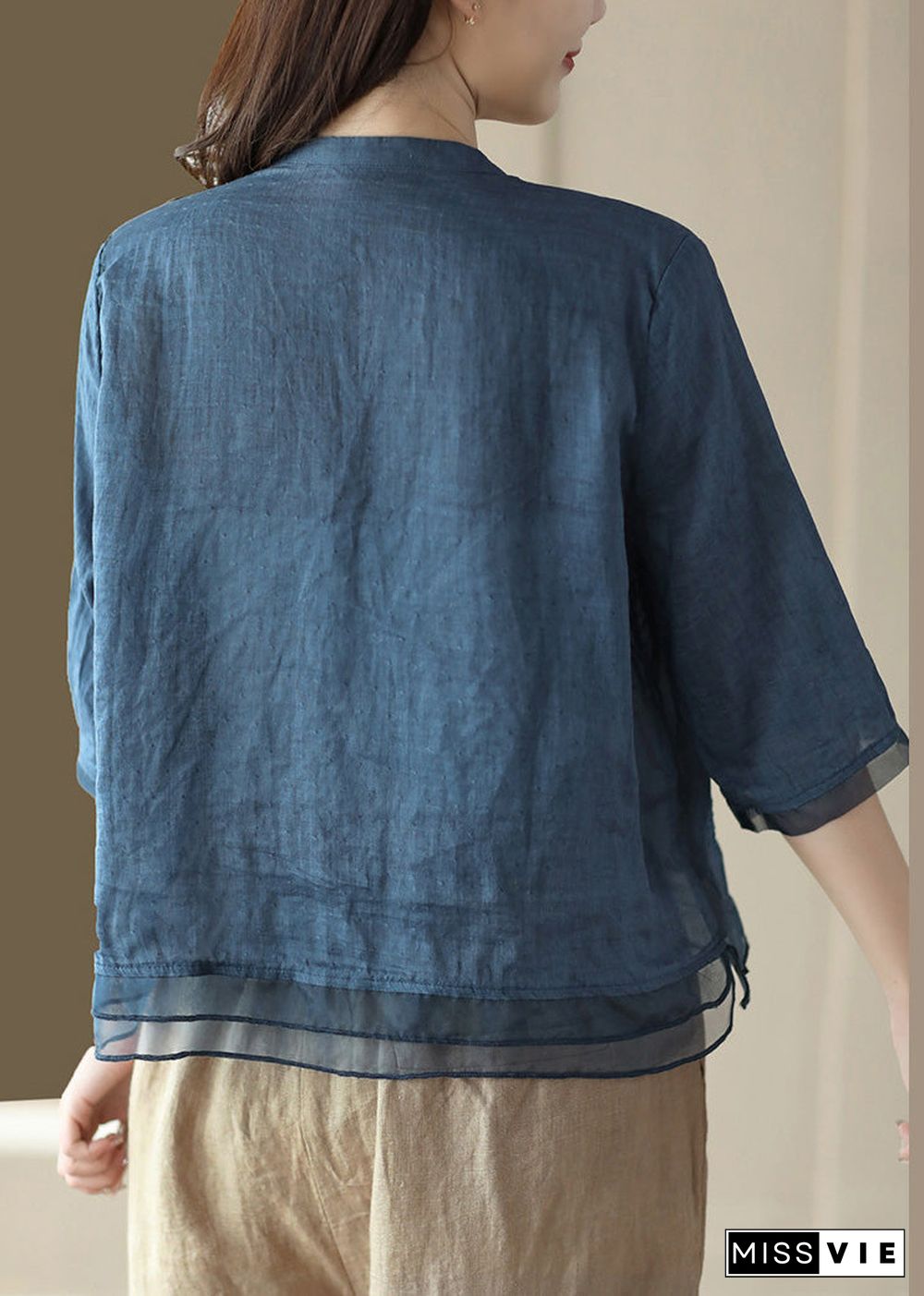 Casual Blue-print2 V Neck Embroideried Solid Ramie Shirt Half Sleeve