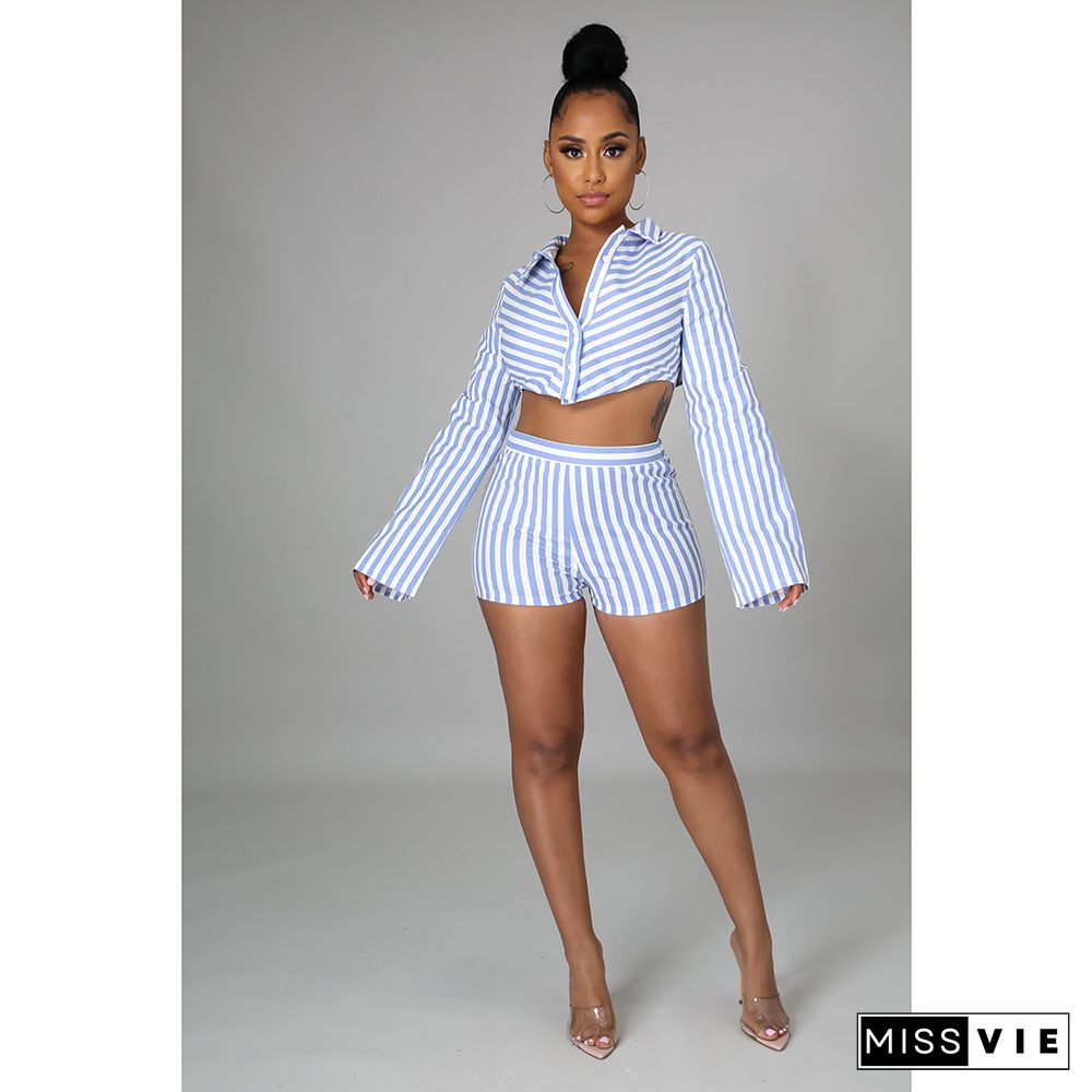 Fashion Women Clothing Striped Long Sleeve Turn Down Collar Shirt Crop Top Shorts Summer 2 Piece Matching Set