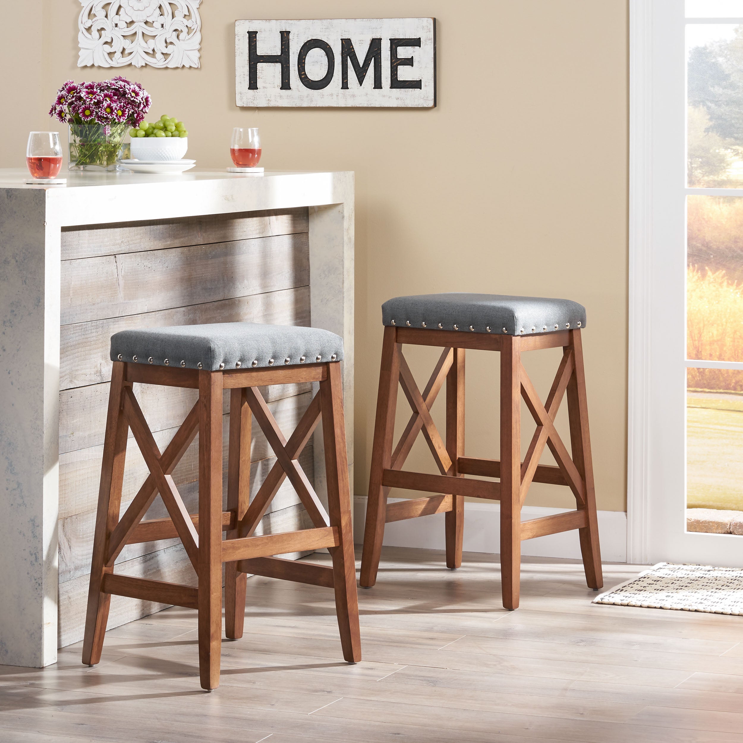 Nancy Contemporary Farmhouse Upholstered Fabric Barstools (Set of 2)