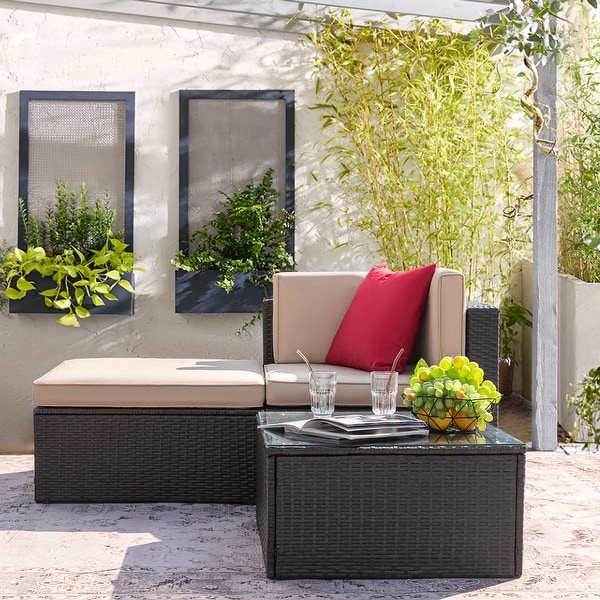 Furniwell 3Pieces Patio Outdoor Furniture Sets AllWeather Rattan Sectional Sofa with Table and Cushions