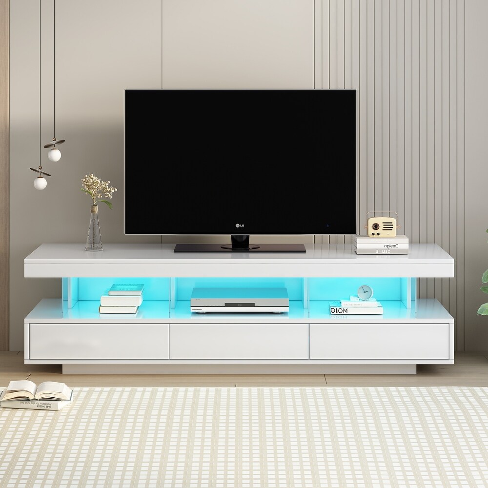 Modern LED TV Stand for 70 inch TV with Shelves and Storage Drawers