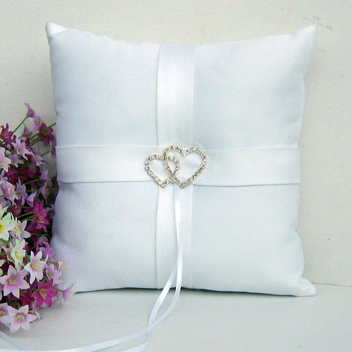 10*10cm Sparkling Rhinestones Double Heart Bridal Wedding Ceremony Ring Bearer Pillow with Ribbons (White)