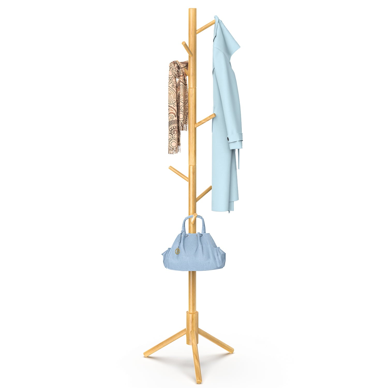 Freestanding Wooden Coat Rack Coat Stand Hall Tree with 3 Adjustable Height and 8 Hooks for Home Office Entryway Hallway